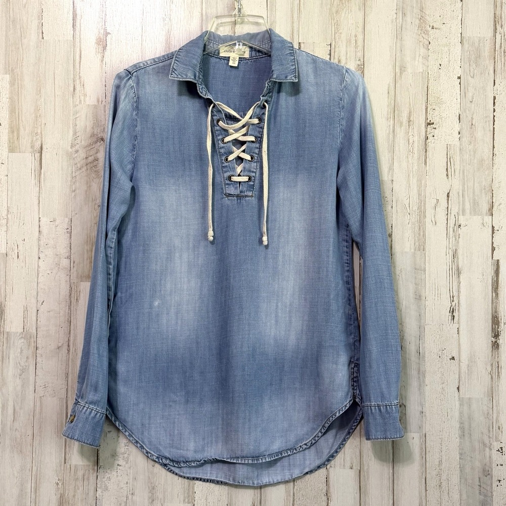 Cloth & Stone Chambray Top XS‎ Blue Lace Up Neck Long Sleeve Blue Boho Trendy